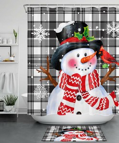 Buffalo Plaid Snowman With Snowflake And Cardinal Fabric Christmas Shower Curtain