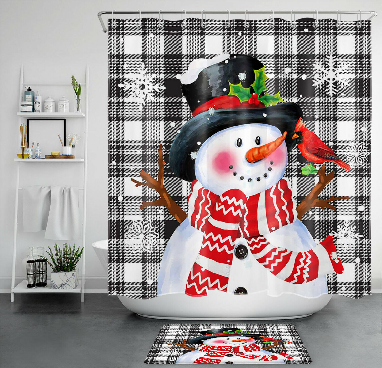 Buffalo Plaid Snowman With Snowflake And Cardinal Fabric Christmas Shower Curtain