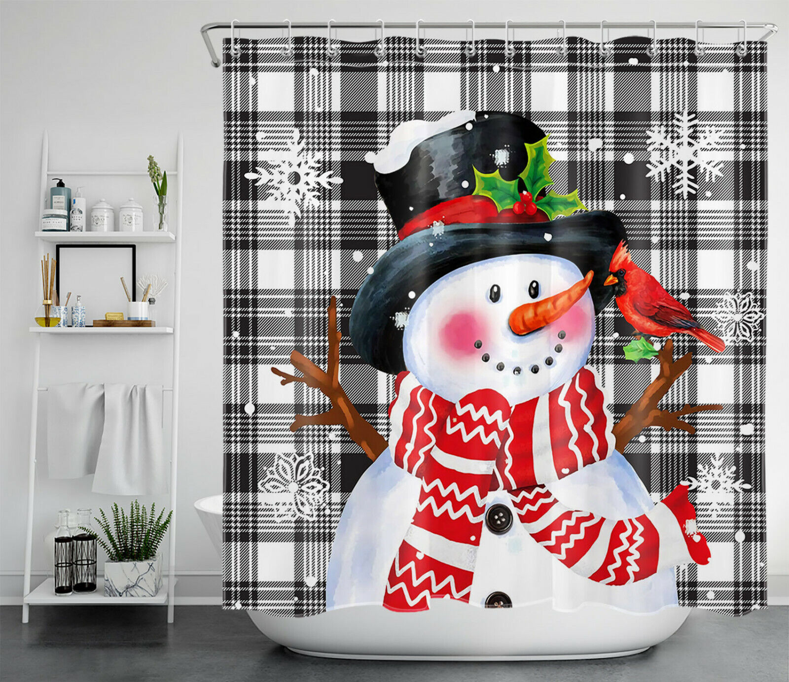 Buffalo Plaid Snowman With Snowflake And Cardinal Fabric Christmas Shower Curtain - Image 2