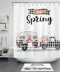 Buffalo Plaid Truck with Flower Shower Curtain for Spring Bathroom 