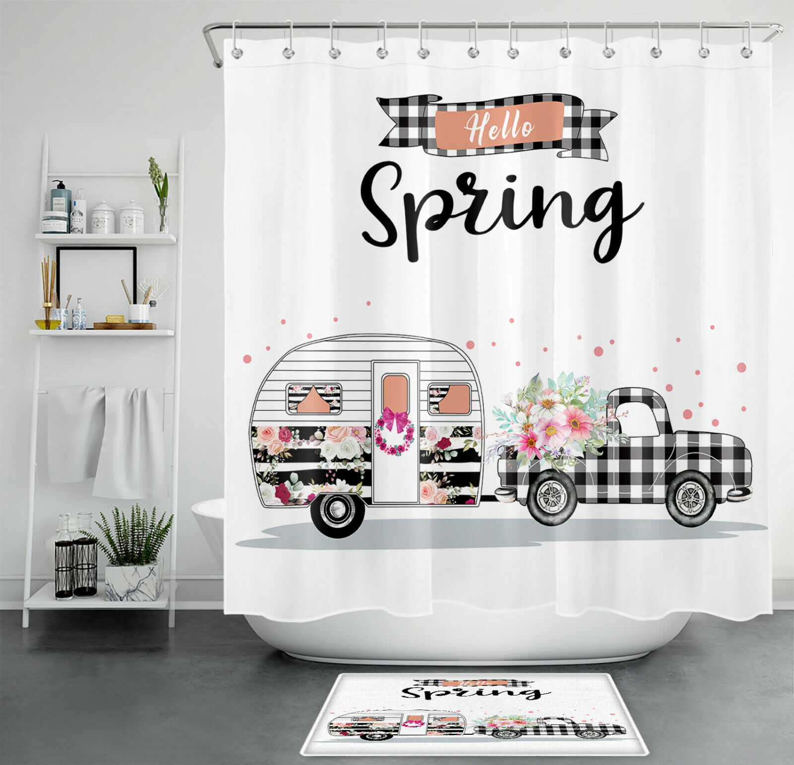 Buffalo Plaid Truck with Flower Shower Curtain for Spring Bathroom