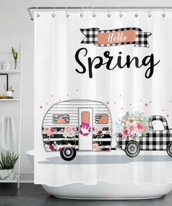 Buffalo Plaid Truck with Flower Shower Curtain for Spring Bathroom