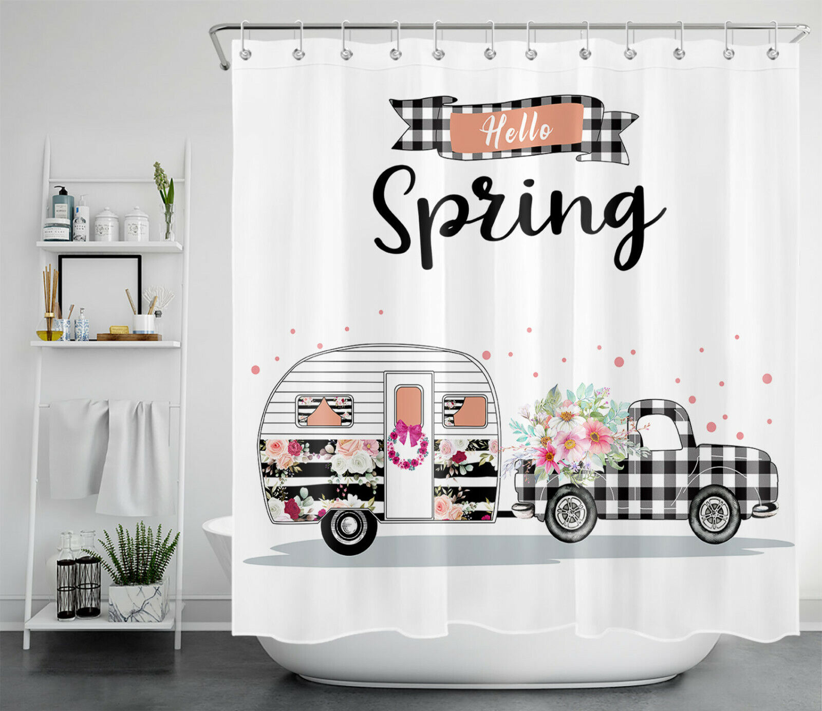 Buffalo Plaid Truck with Flower Shower Curtain for Spring Bathroom