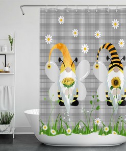Buffalo Plaid White Daisy Gnome Shower Curtain - A Playful Addition To Your Bathroom