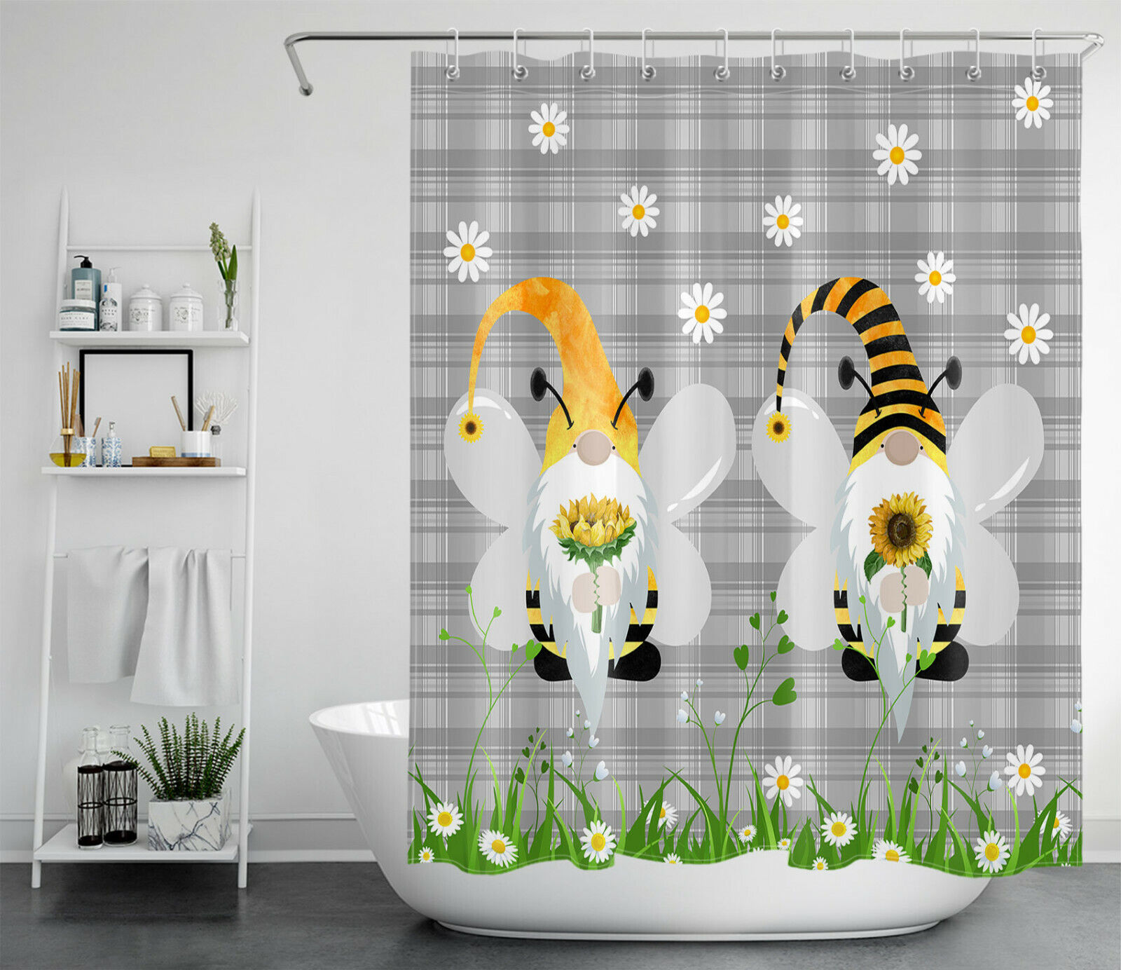 Buffalo Plaid White Daisy Gnome Shower Curtain - A Playful Addition To Your Bathroom
