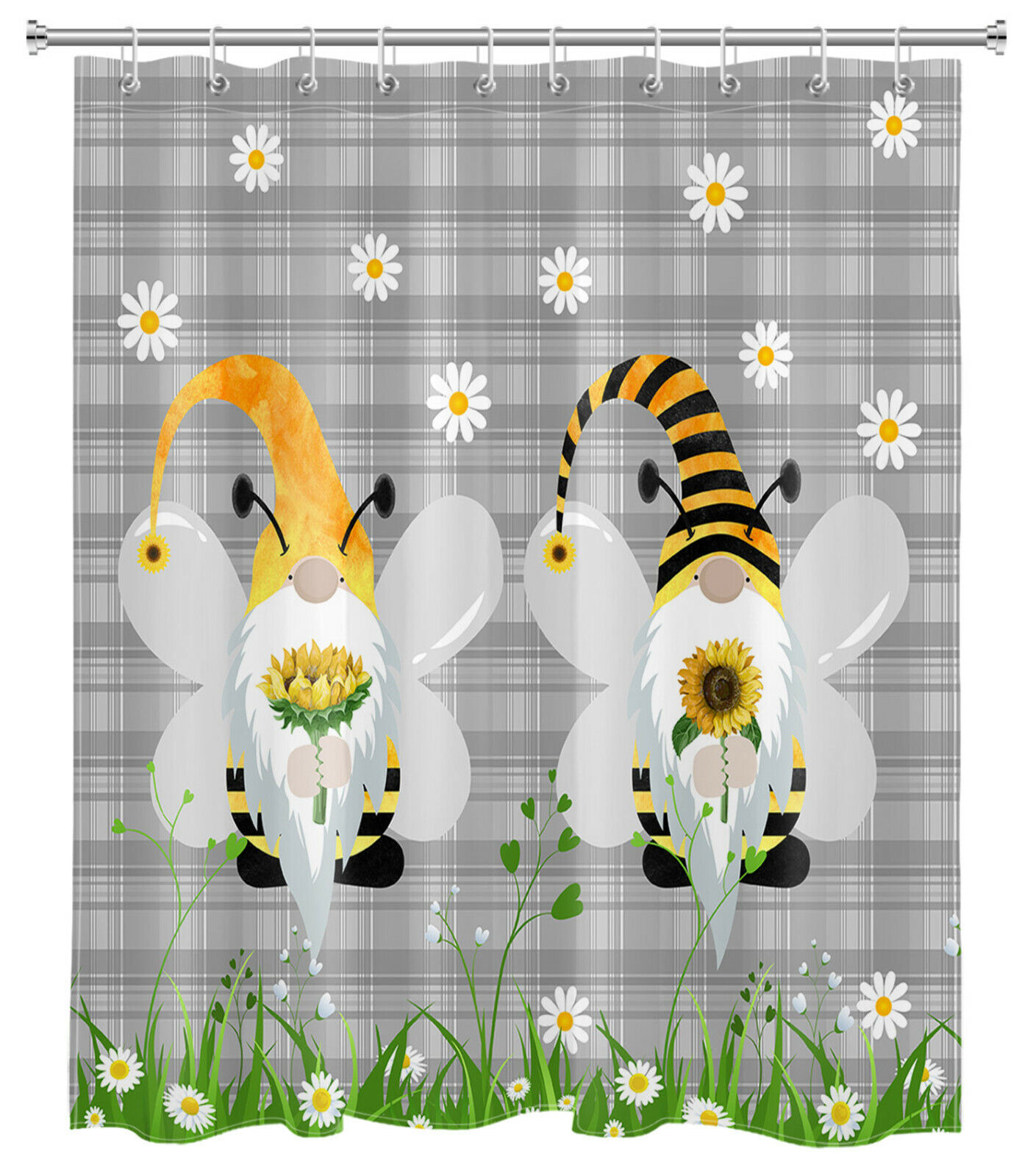 Buffalo Plaid White Daisy Gnome Shower Curtain - A Playful Addition To Your Bathroom