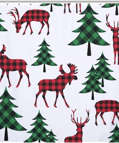 Buffalo Plaid Woodland Deer Checkered Shower Curtain Waterproof Bath Curtain For Bathroom Decoration