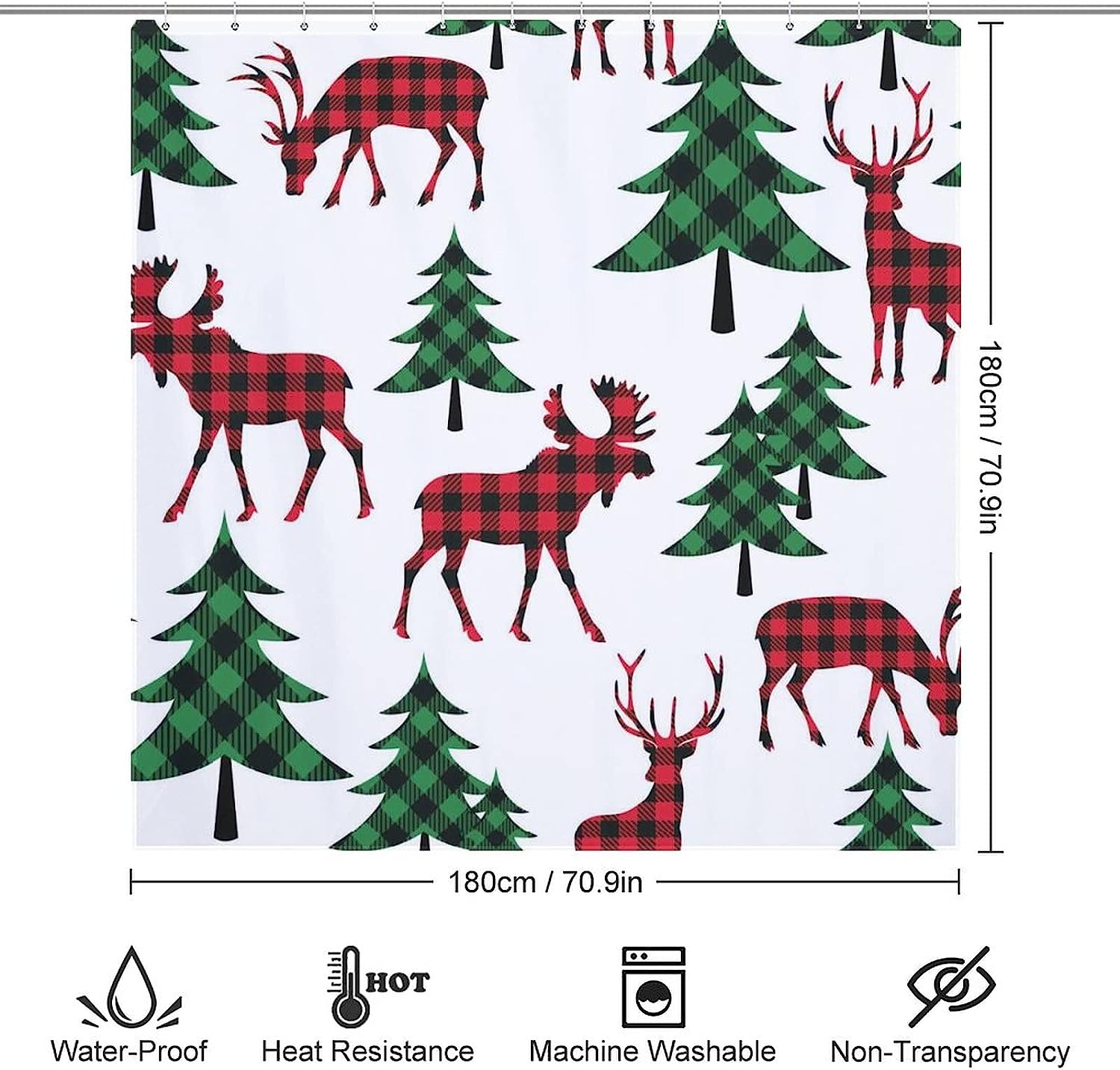 Buffalo Plaid Woodland Deer Checkered Shower Curtain Waterproof Bath Curtain For Bathroom Decoration - Image 2