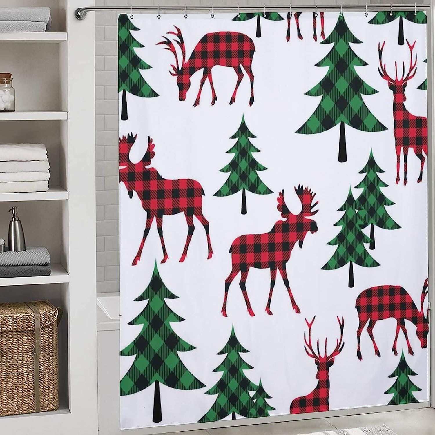 Buffalo Plaid Woodland Deer Checkered Shower Curtain Waterproof Bath Curtain For Bathroom Decoration - Image 3