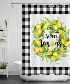 Buffalo Plaid Yellow Lemon Green Leaves Shower Curtain For Bathroom Decor