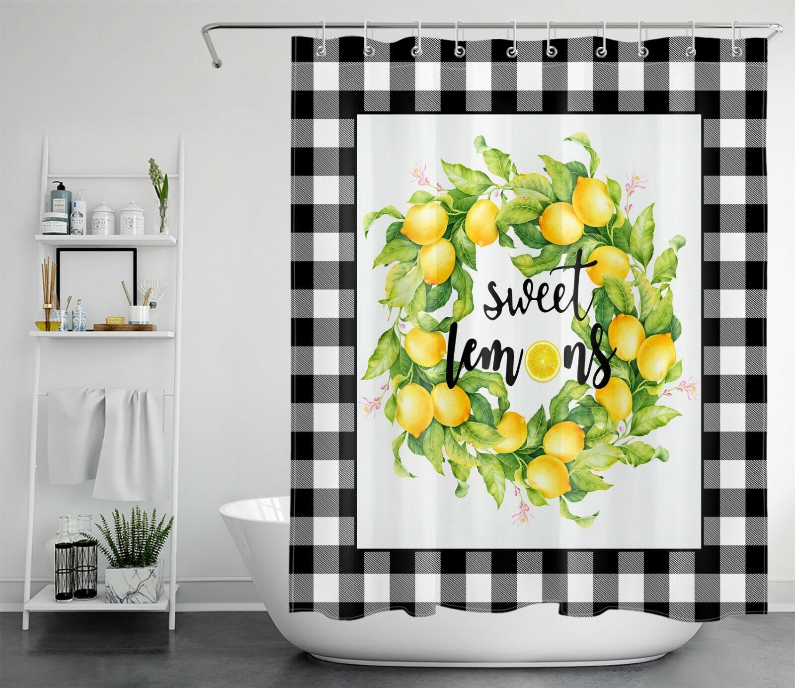Buffalo Plaid Yellow Lemon Green Leaves Shower Curtain For Bathroom Decor