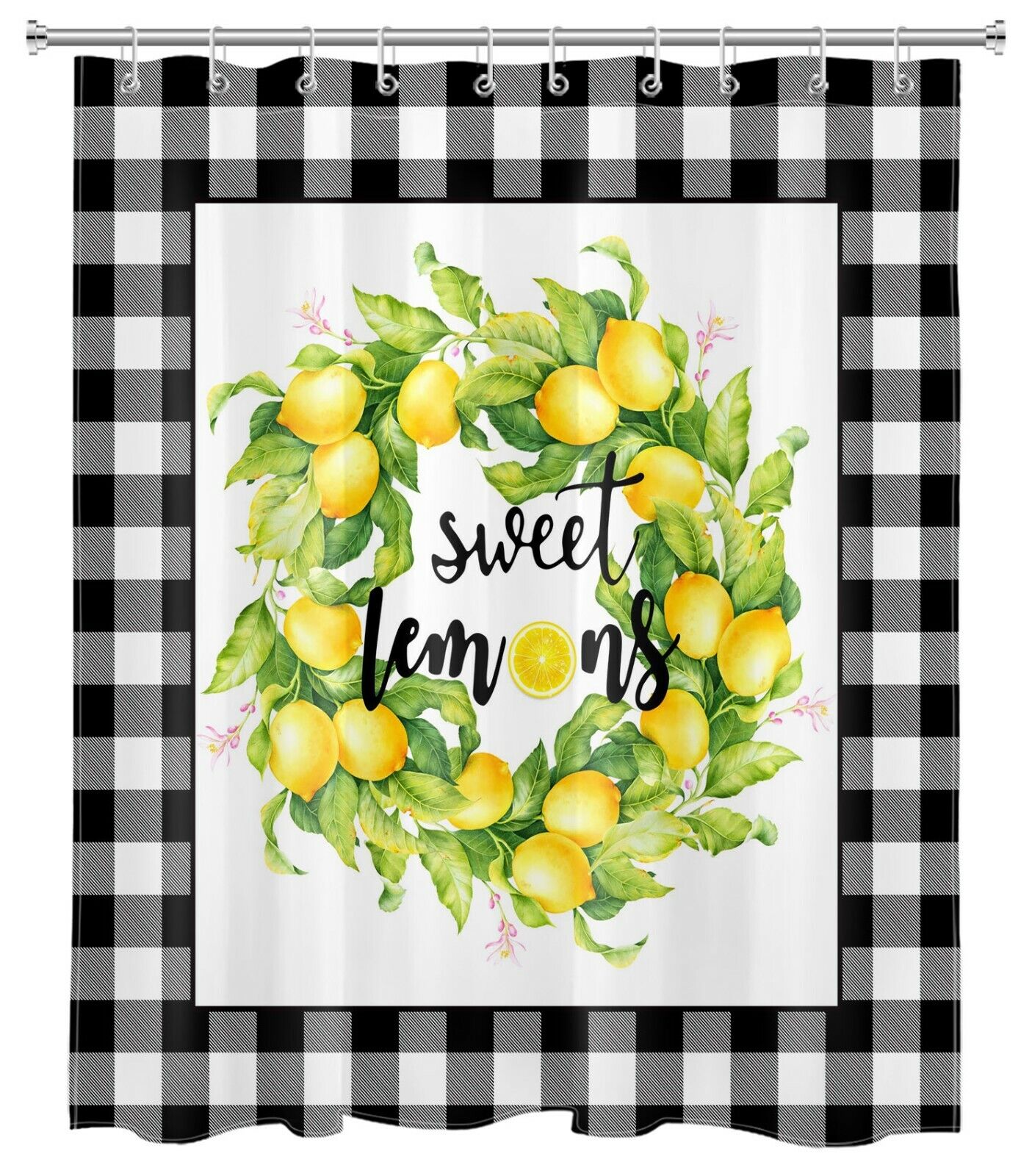 Buffalo Plaid Yellow Lemon Green Leaves Shower Curtain For Bathroom Decor - Image 2