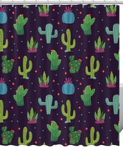 Bulbous Cactus Green Navy Background Waterproof Shower Curtain For Bathroom