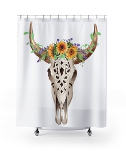 Bull Skull Shower Curtain - Farmhouse Cow Skull Bathroom Decor With Bull Skull And Rustic Prints