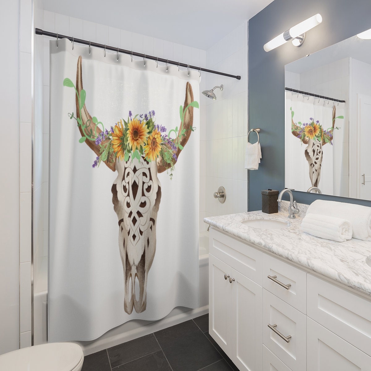 Bull Skull Shower Curtain - Farmhouse Cow Skull Bathroom Decor With Bull Skull And Rustic Prints - Image 2