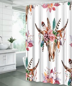 Bull Skull Shower Curtain with Abstract Southwest Aztec Design for Boho Bathroom Decor