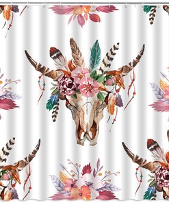 Bull Skull Shower Curtain with Abstract Southwest Aztec Design for Boho Bathroom Decor