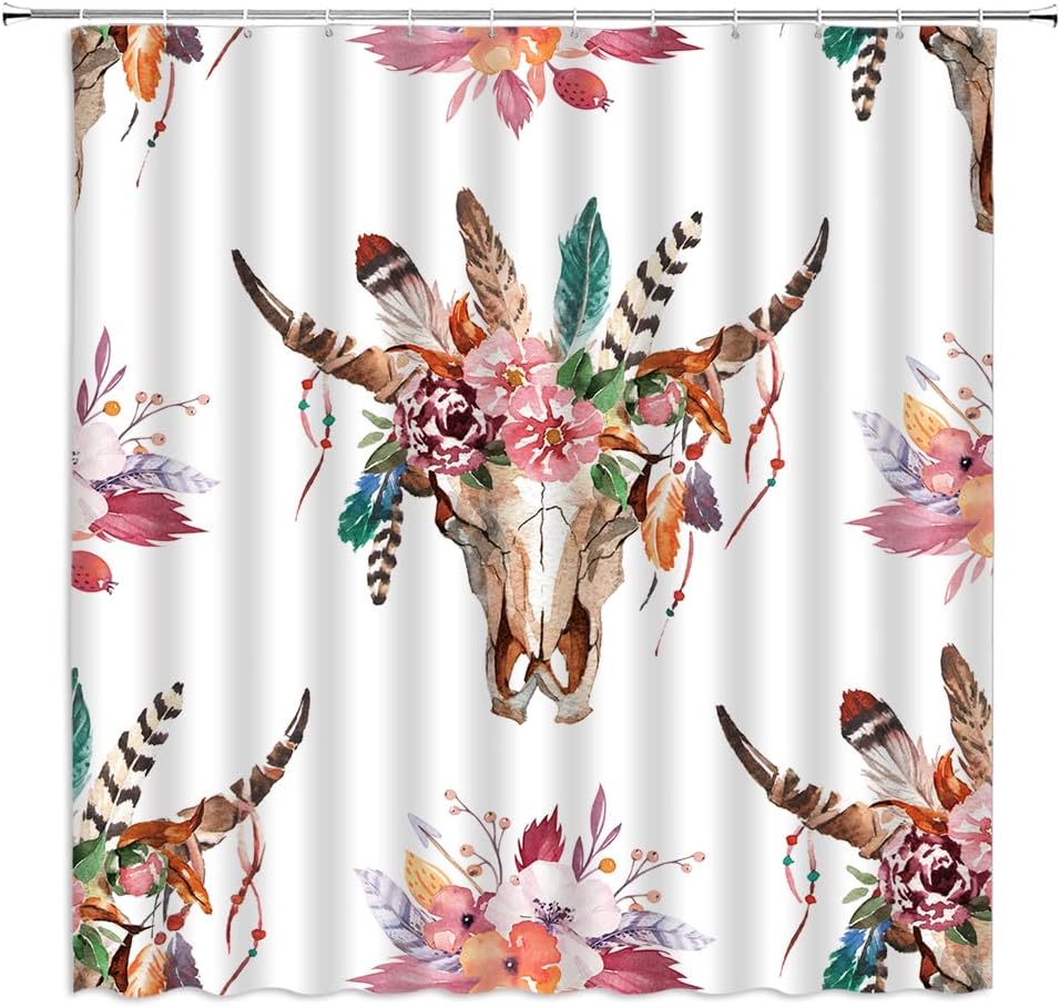 Bull Skull Shower Curtain with Abstract Southwest Aztec Design for Boho Bathroom Decor