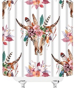 Bull Skull Shower Curtain with Abstract Southwest Aztec Design for Boho Bathroom Decor