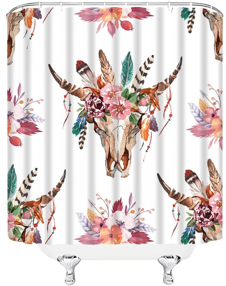 Bull Skull Shower Curtain with Abstract Southwest Aztec Design for Boho Bathroom Decor