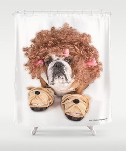 Bulldog In Slippers And Curlers Waterproof Fabric Shower Curtain