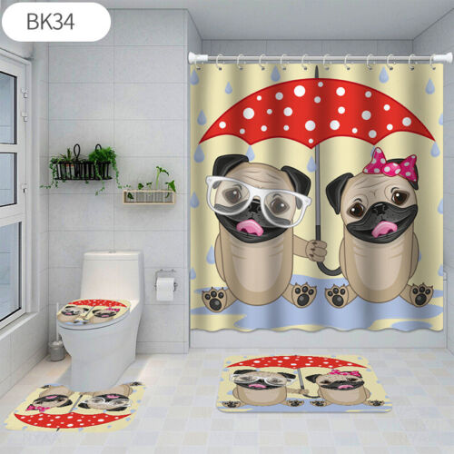 Bulldog Print Shower Curtain Set with Bathroom Mat and Toilet Cover for Animal Lovers