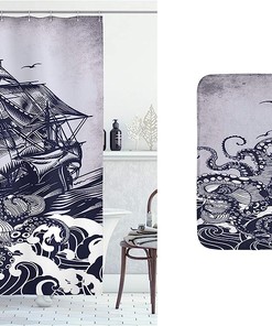 Bundle Of Kraken Octopus Tentacles Ship Sail Old Boat In Ocean Waves Nautical Shower Curtain