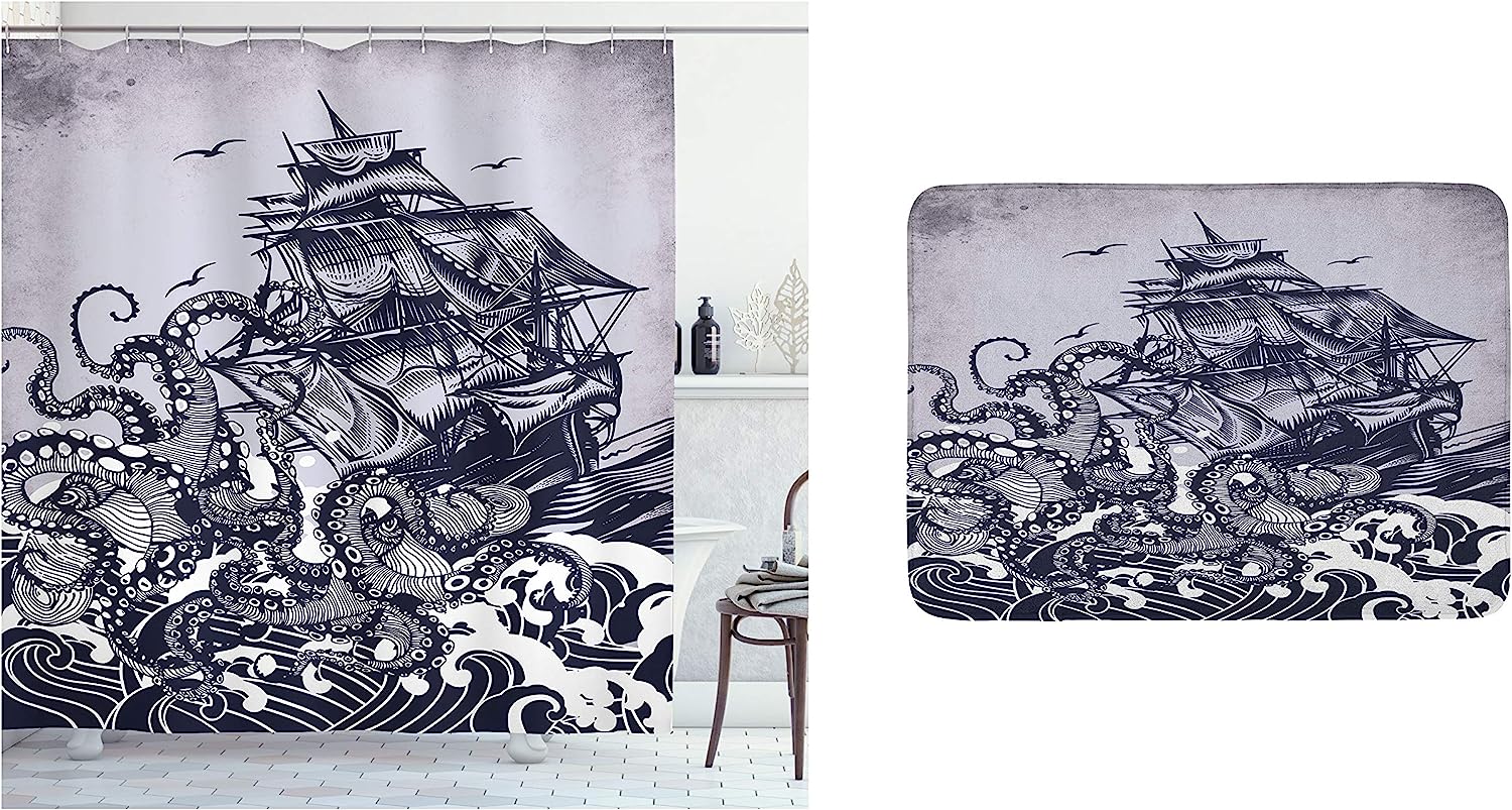 Bundle Of Kraken Octopus Tentacles Ship Sail Old Boat In Ocean Waves Nautical Shower Curtain