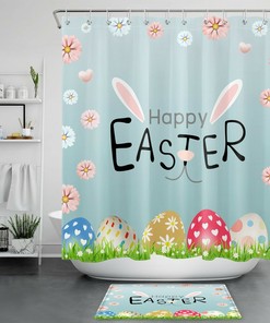 Bunny Ears Shower Curtain - Easter Flowers Eggs Bathroom Accessory