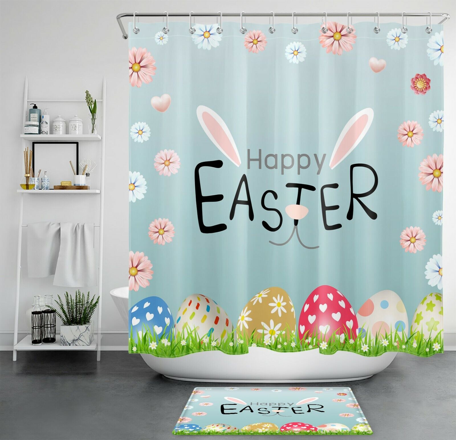 Bunny Ears Shower Curtain - Easter Flowers Eggs Bathroom Accessory