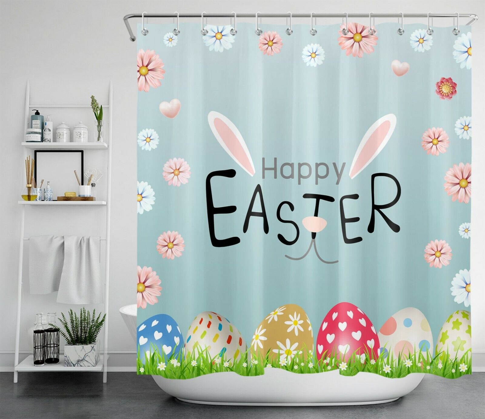 Bunny Ears Shower Curtain - Easter Flowers Eggs Bathroom Accessory - Image 2