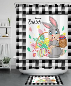 Bunny Easter Egg Flower Vintage Shower Curtain - Retro Plaid Bathroom Decor