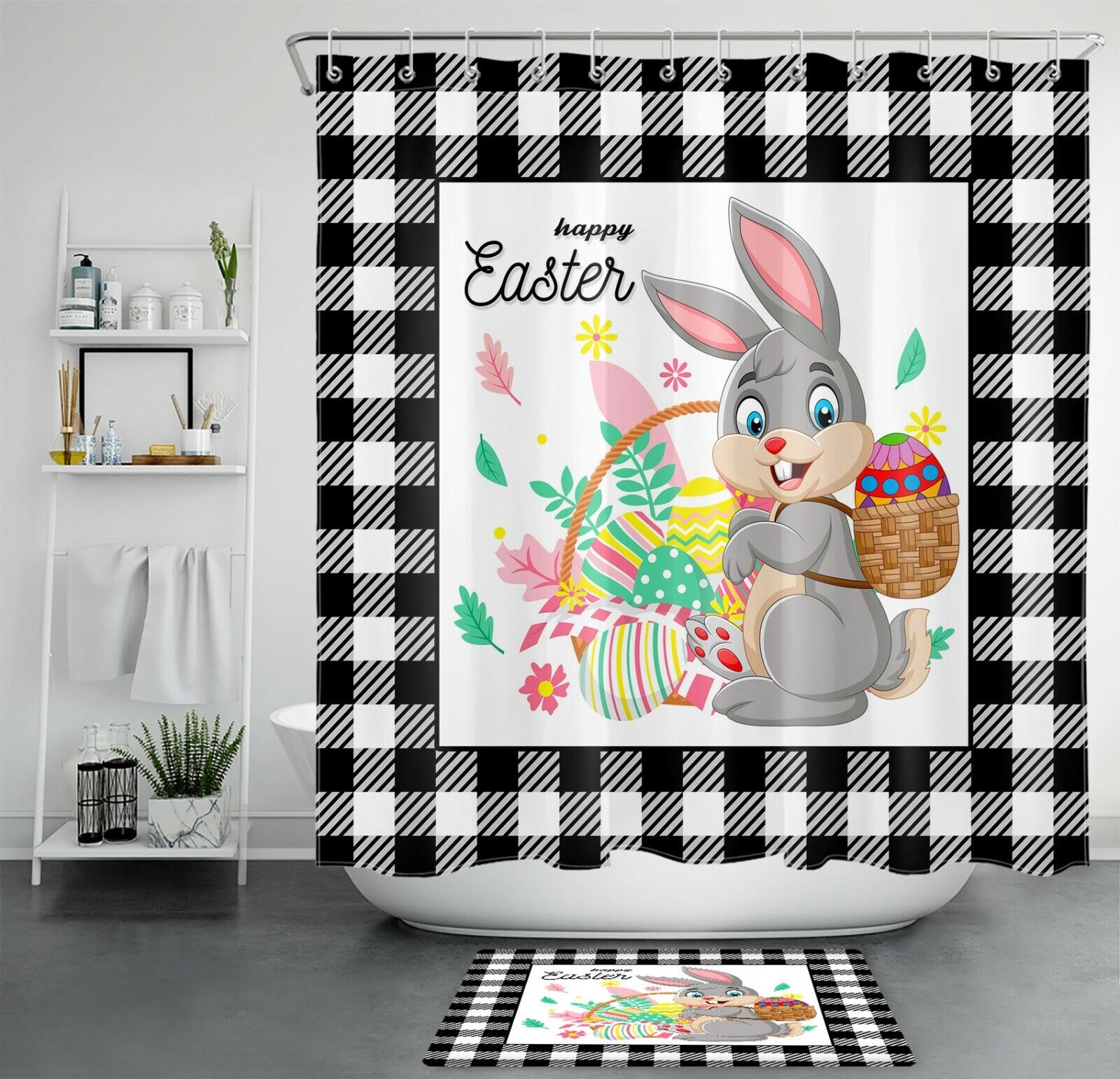 Bunny Easter Egg Flower Vintage Shower Curtain - Retro Plaid Bathroom Decor