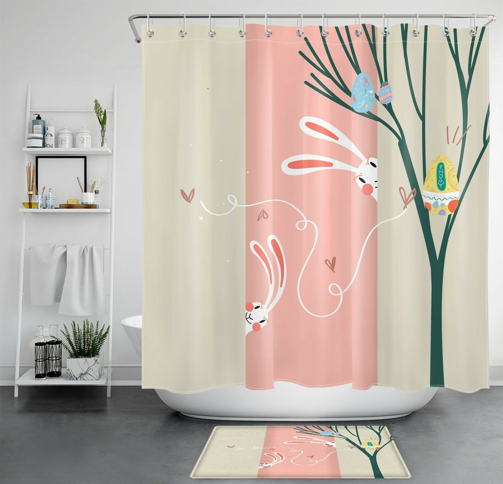 Bunny Easter Tree Colorful Eggs Shower Curtain - Adorable Kids Bathroom Accessory