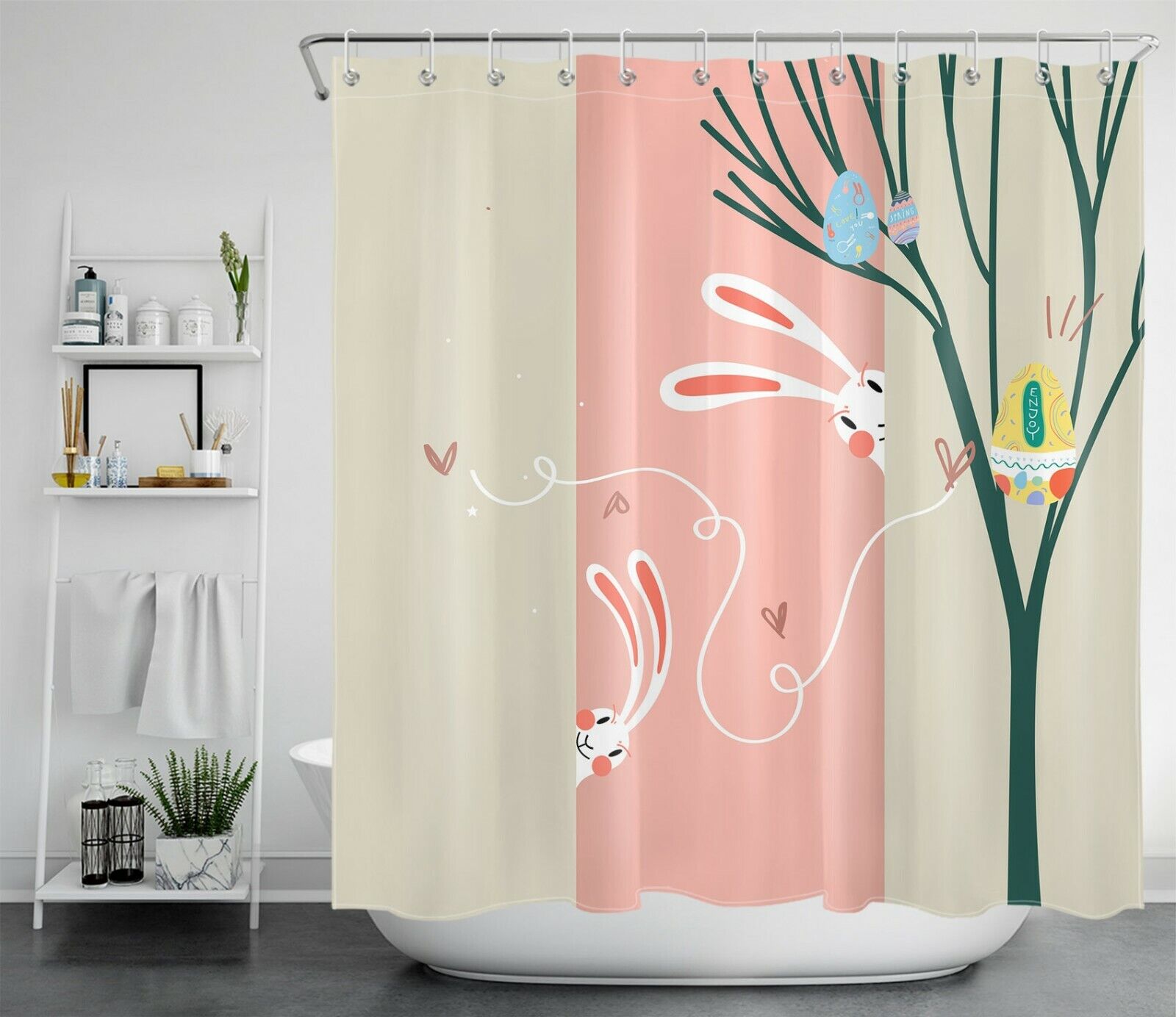 Bunny Easter Tree Colorful Eggs Shower Curtain - Adorable Kids Bathroom Accessory - Image 2
