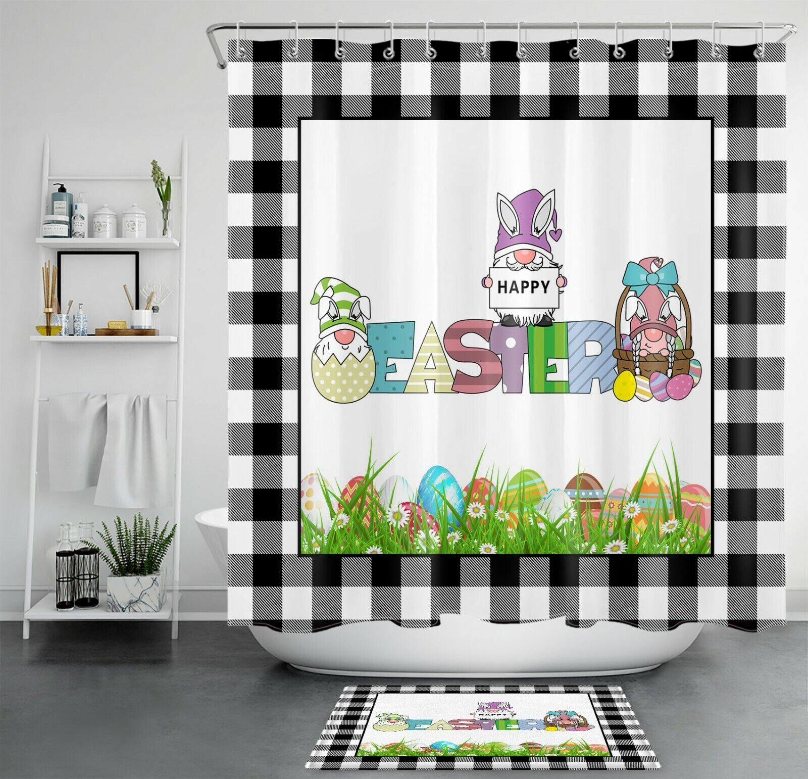 Bunny Gnome And Flower Easter Shower Curtain For Bathroom Decor