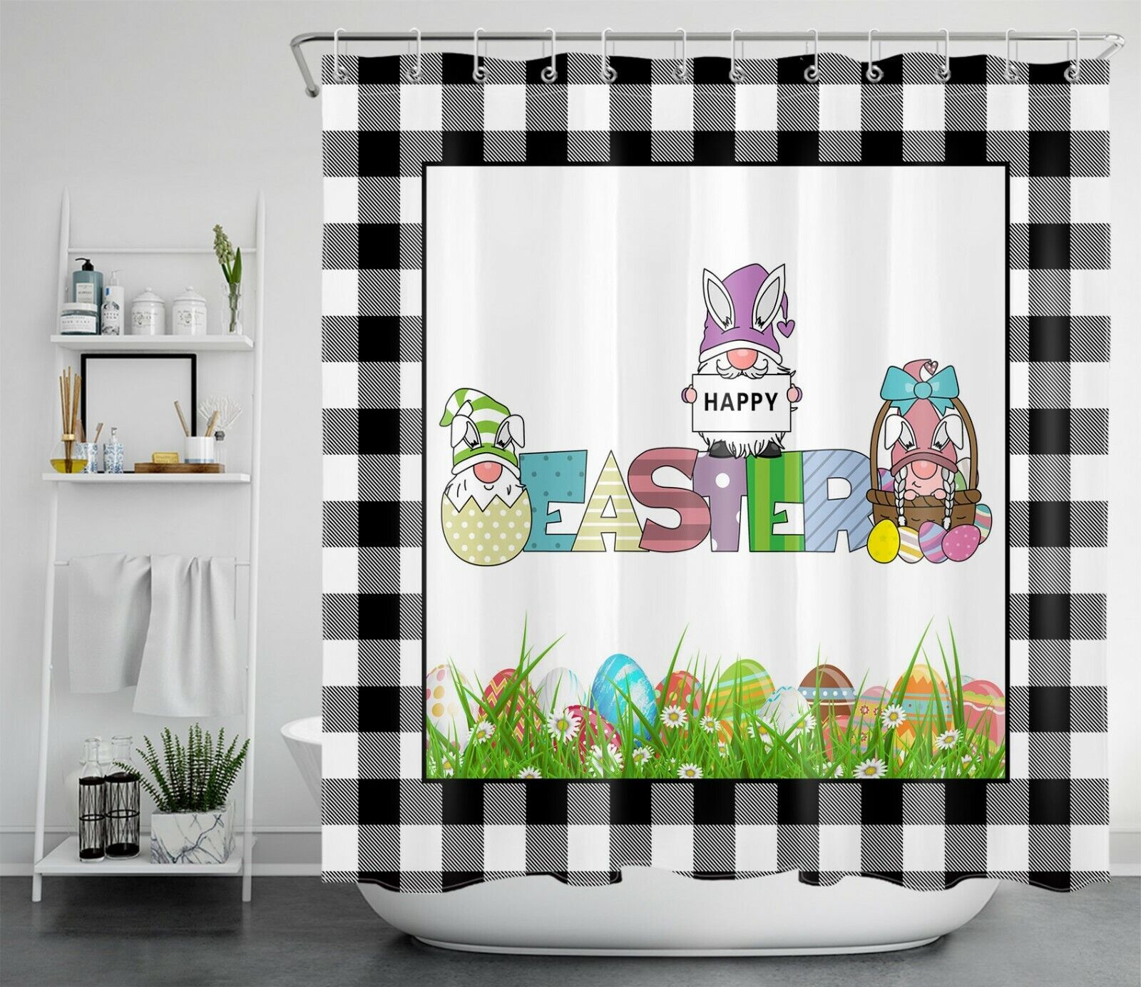 Bunny Gnome And Flower Easter Shower Curtain For Bathroom Decor