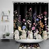 Bunny Rabbit On Black Shower Curtain With Colorful Flowers, Fun Bathroom Accessory Set