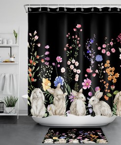 Bunny Rabbit On Black Shower Curtain With Colorful Flowers, Fun Bathroom Accessory Set