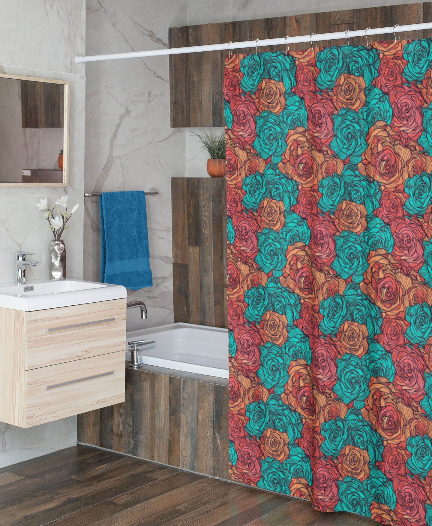 Bunte Rosen Floral Design Waterproof Fabric Shower Curtain - Image 2