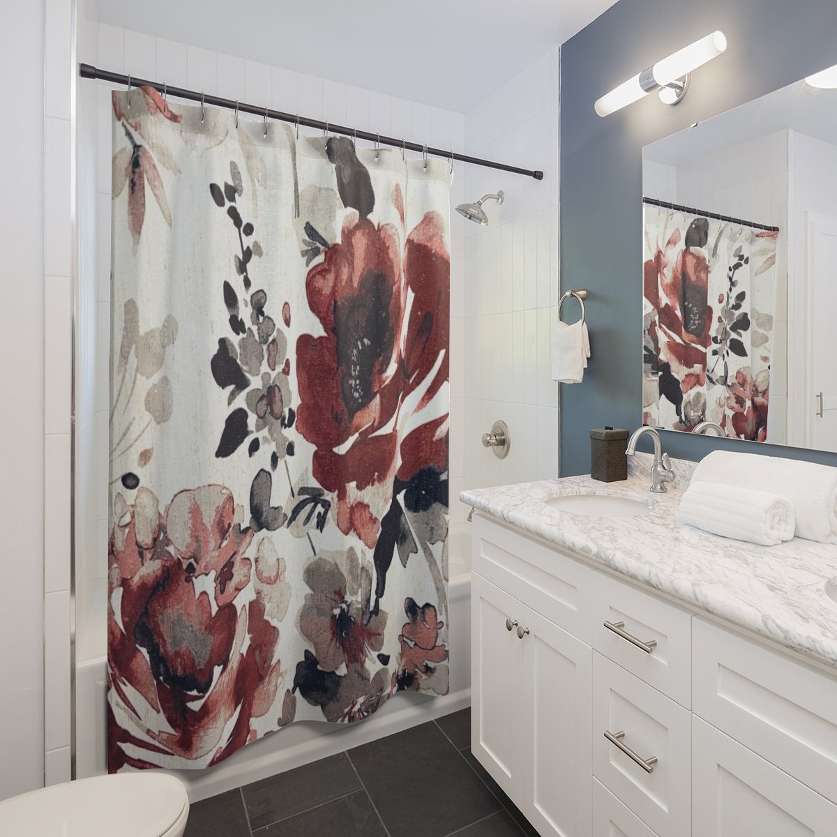 Burgundy Rose Floral Print Shower Curtain For Home Decor