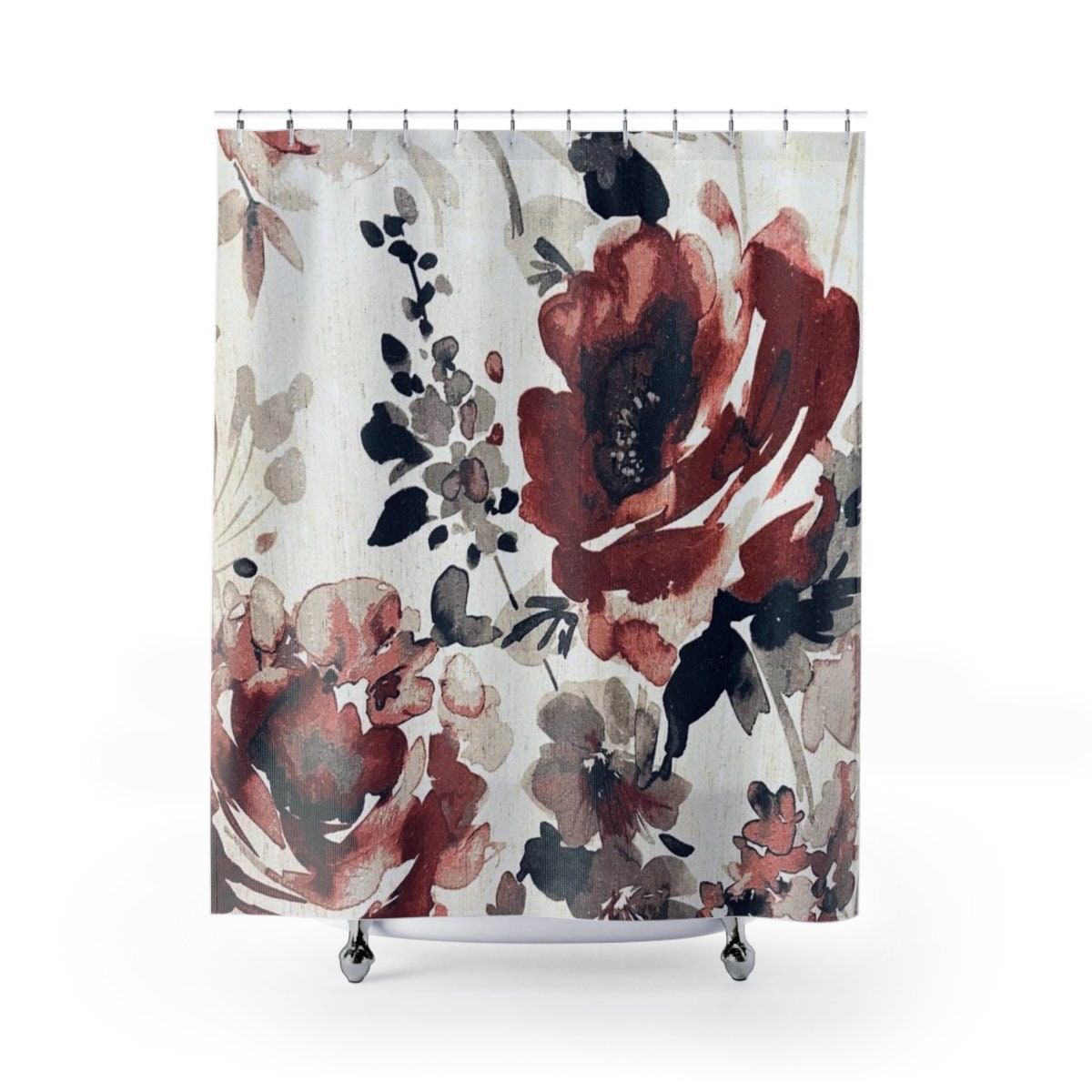 Burgundy Rose Floral Print Shower Curtain For Home Decor - Image 2