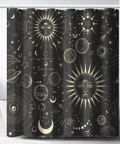 Burning Sun Moon Stars Mandala Mystical Shower Curtain for a Boho Chic Bathroom