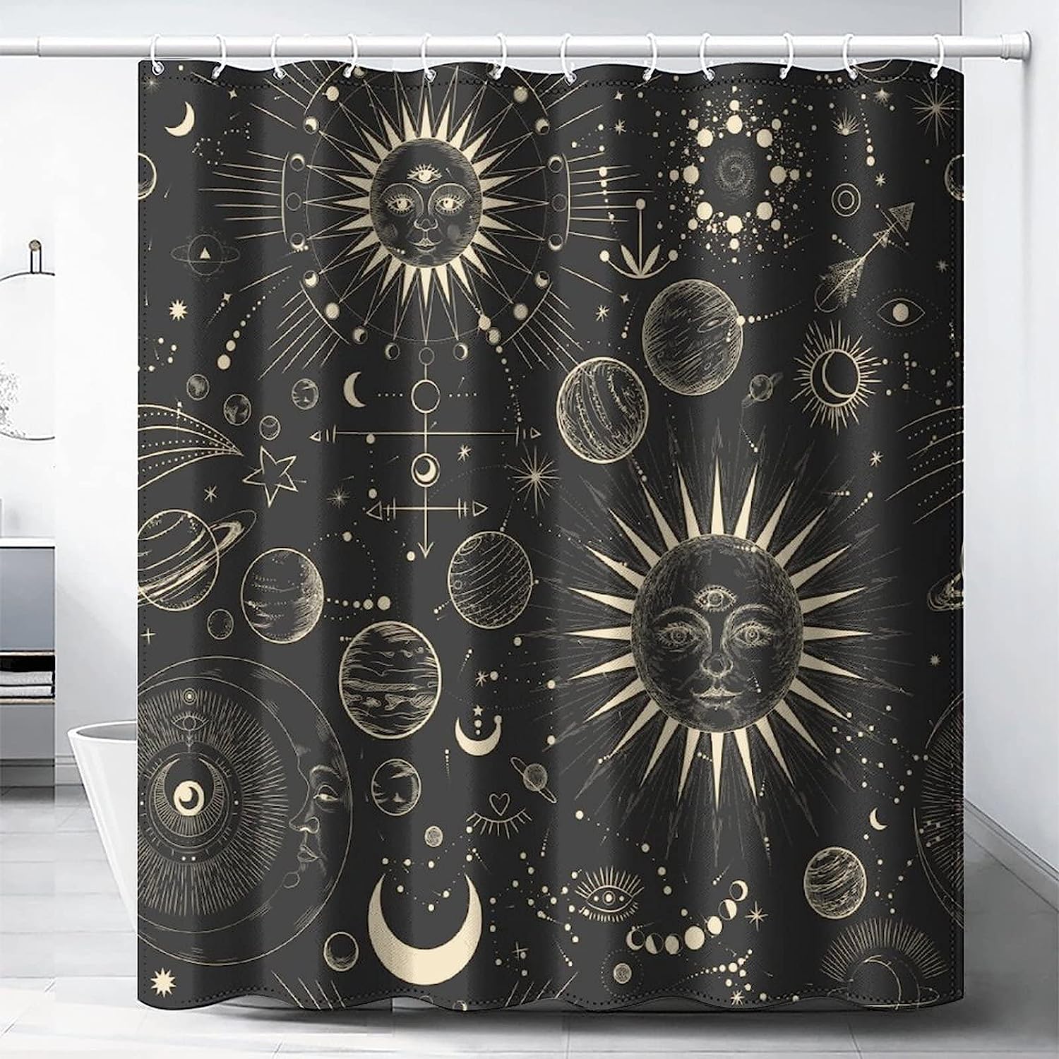 Burning Sun Moon Stars Mandala Mystical Shower Curtain for a Boho Chic Bathroom