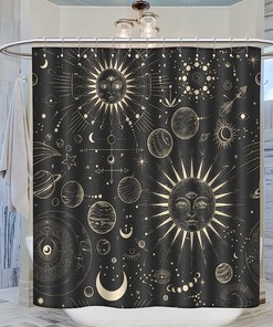 Burning Sun Moon Stars Mandala Mystical Shower Curtain for a Boho Chic Bathroom