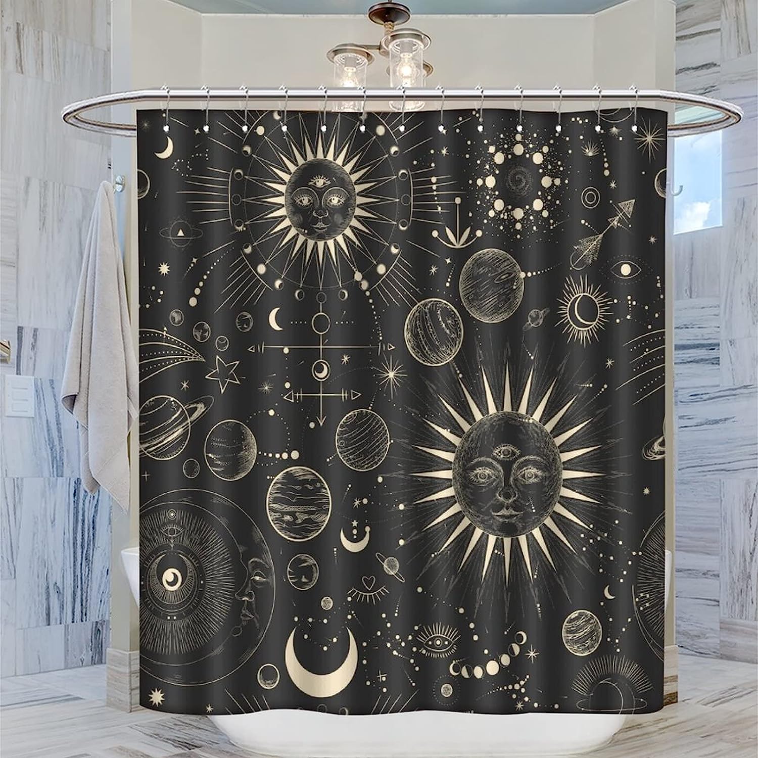Burning Sun Moon Stars Mandala Mystical Shower Curtain for a Boho Chic Bathroom