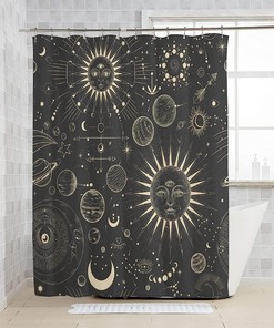 Burning Sun Moon Stars Mandala Mystical Shower Curtain for a Boho Chic Bathroom