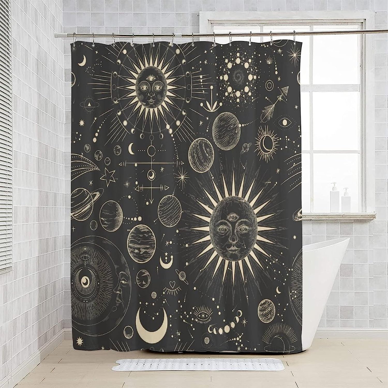Burning Sun Moon Stars Mandala Mystical Shower Curtain for a Boho Chic Bathroom