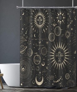 Burning Sun Moon Stars Mandala Mystical Shower Curtain for a Boho Chic Bathroom