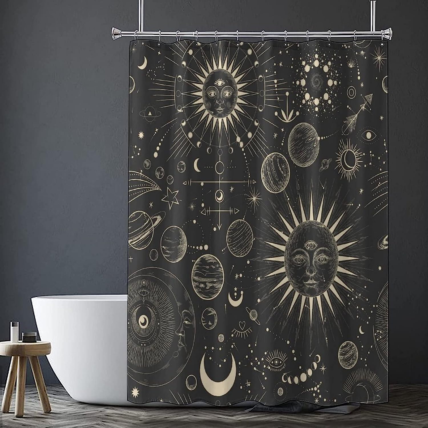 Burning Sun Moon Stars Mandala Mystical Shower Curtain for a Boho Chic Bathroom